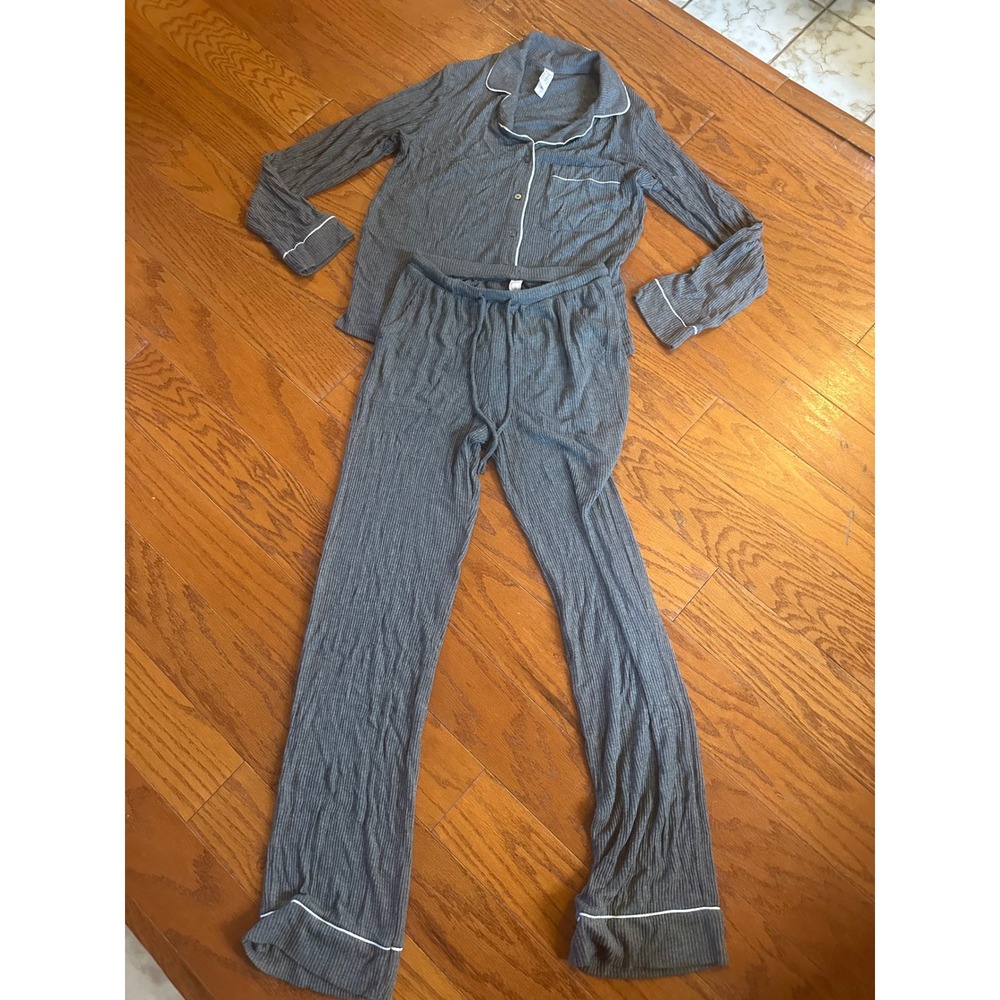 Auden Womens Cozy Ribbed Pajama Set Gray Long Sleeve Button Down Pants Small NWT